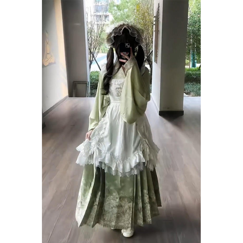 绿色汉洋折衷汉服女交领上衣马面裙洛丽塔lolita裙花瓣罩裙优雅