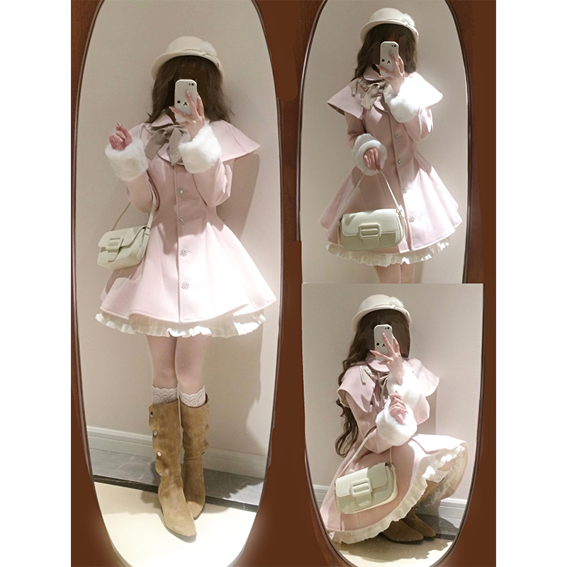 粉色甜美斗篷连衣裙千金气质毛呢显瘦收腰外套秋冬洛丽塔lolita裙