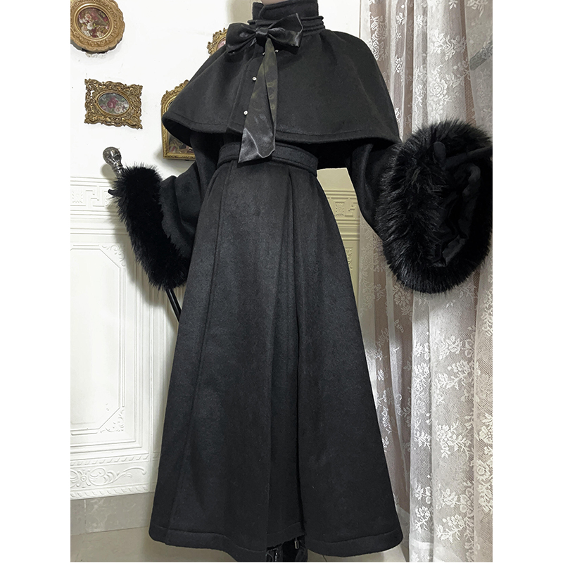 黑色日系复古哥特风暗黑系重工收腰大衣斗篷披肩外套华丽优雅套装