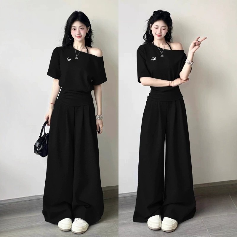 盐系炸街运动服套装女夏季学生韩版宽松显瘦短袖阔腿裤休闲两件套