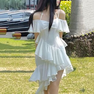 初春白色吊帶連衣裙甜美溫柔韓版 高級感純色荷葉邊裙子 白茉莉