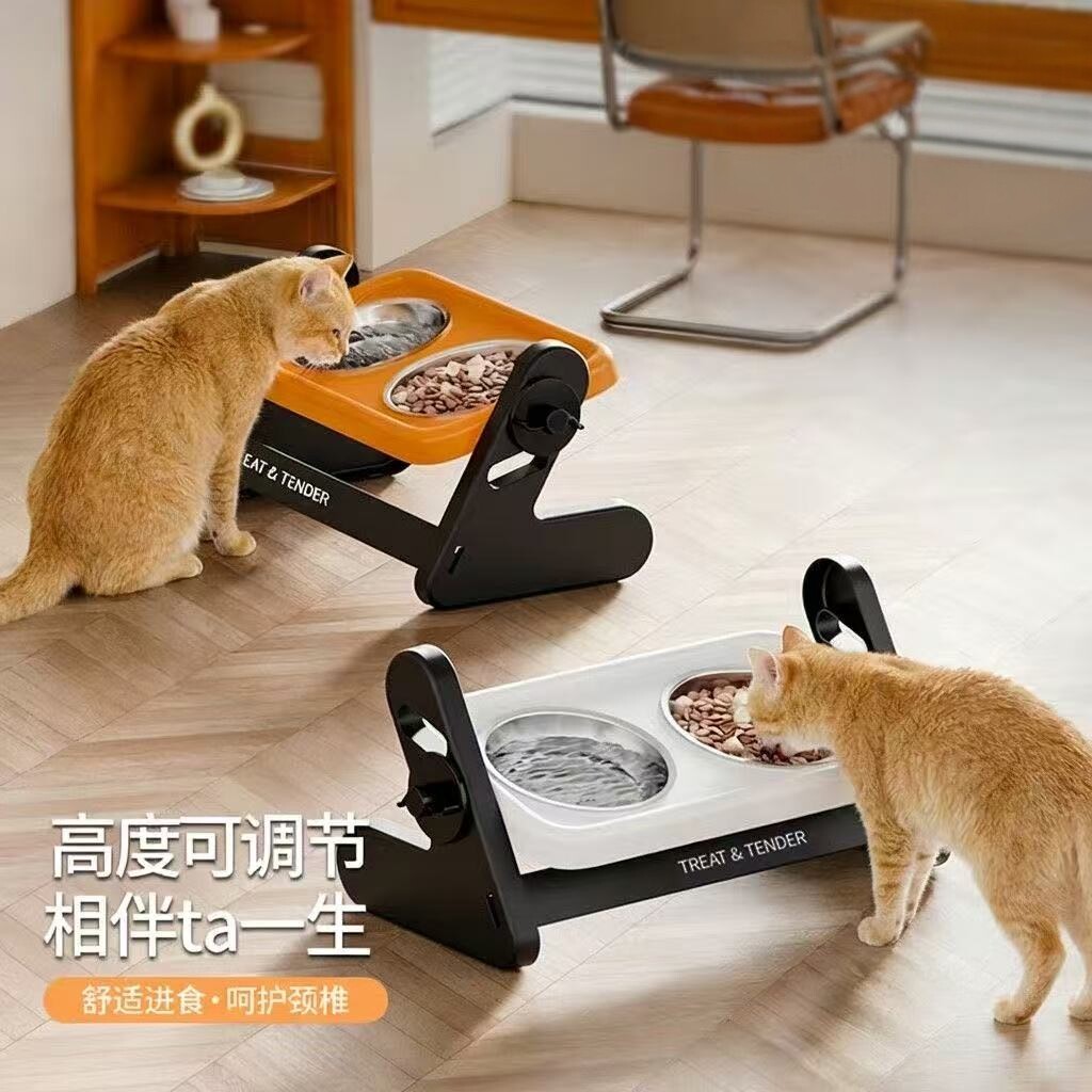 可调节高度猫食盆呵护颈椎不锈钢双碗猫咪小型犬护颈加高多档位