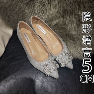 女名媛高级宴会晚宴闪闪女单鞋 内增高女鞋 雪花扣方扣软底单鞋
