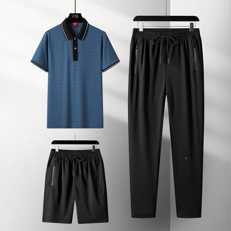 夏季新款休闲运动服中老年套装男士爸爸短袖t恤大码冰丝三件套