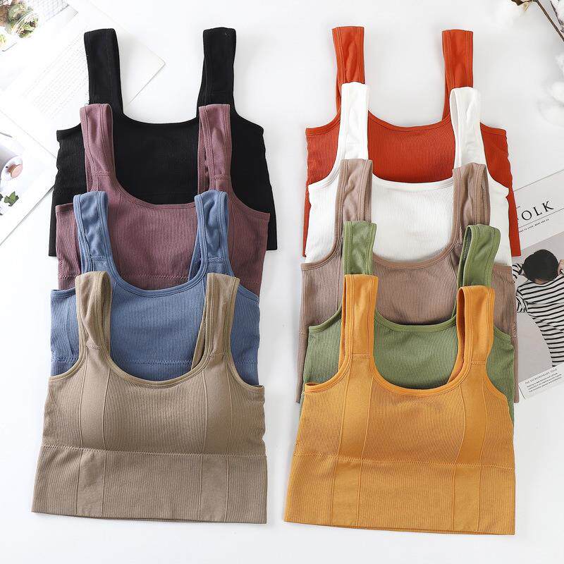 无缝宽肩带方领美背裹胸抹胸带胸垫打底无钢圈吊带背心运动文胸女