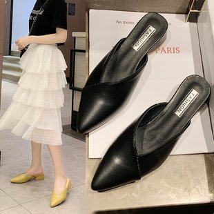 包頭半拖鞋 新款 尖頭夏季 外穿試衣鞋 百搭低跟網(wǎng)紅涼拖鞋 女時尚 單鞋