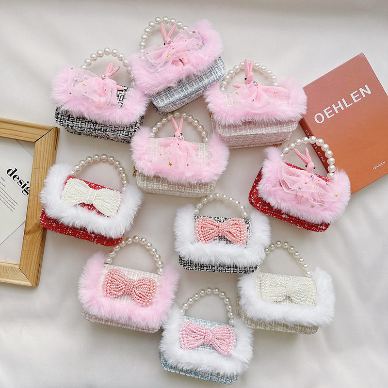 儿童包新款毛毛边蝴蝶结宝宝手拎包小香风女童链条斜挎包外贸