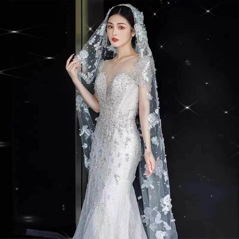 新款法式菠萝花蕾丝头纱奢华闪钻超长拖尾软纱新娘超仙白复古定制