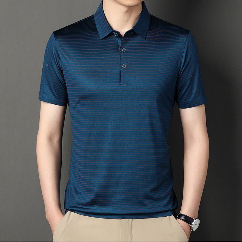 2023夏季新款商务男士条纹翻领POLO衫T恤休闲中老年男装短袖t恤潮