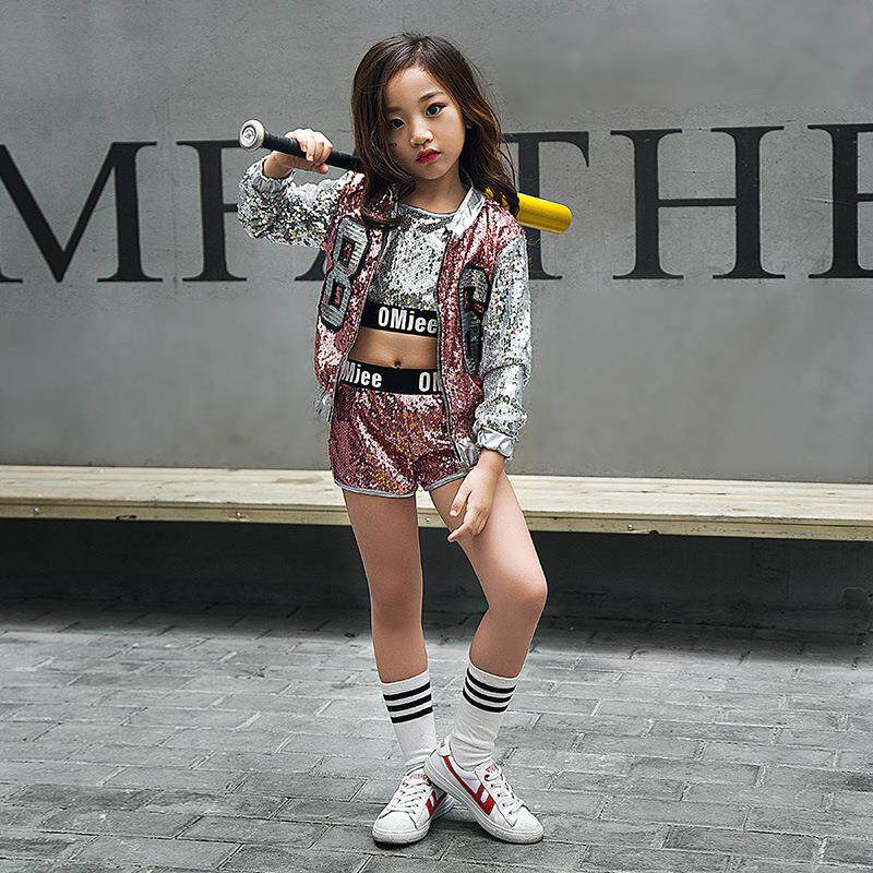 新款儿童演出服女童爵士舞街舞现代舞演出服儿童棒球服亮片服装定