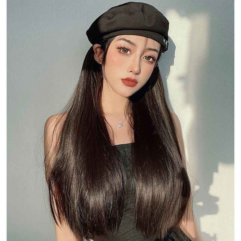 贝雷帽带假发一体女时尚网红海军帽长直发自然潮流全头帽子假发