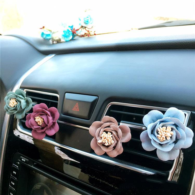 汽车香水夹子 手工布艺山茶花车载出风口香水夹 车载空调香水饰品