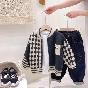 洋气男童秋新款童装韩版格子毛衣开衫外套中小童宽松针织拉链上衣