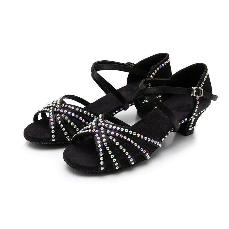 儿童高跟拉丁舞鞋 钻缎面黑色肤色小孩跳舞鞋女童舞蹈练功鞋表演