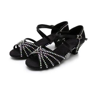 儿童高跟拉丁舞鞋 钻缎面黑色肤色小孩跳舞鞋女童舞蹈练功鞋表演