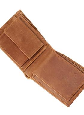 B199/15482-5黄棕色男士钱包疯马皮多卡位活页短款钱夹激光雕刻字