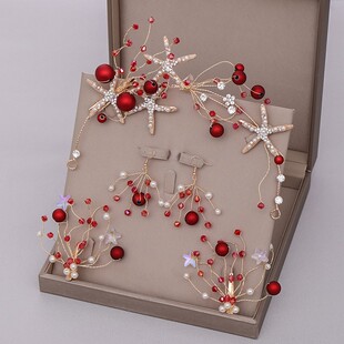 新款红色敬酒服头饰秀禾服新娘中式发带发夹耳环套装 婚礼服配饰