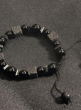 新品个性时尚复古方块火山石手串男士手链原创黑曜石可调节手链定