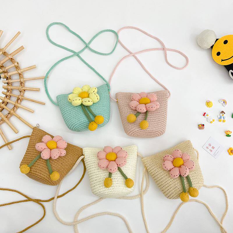 花朵草编女童小包包2025夏季新款潮百搭儿童斜挎包ins可爱单肩包