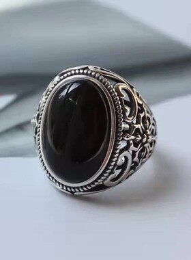 复古镀白金色男士饰品嘻哈风男仿黑玛瑙圣母玛利亚开口气质戒指潮