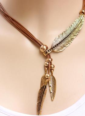 法式复古新款三个颜色多层绳子羽毛项链 树叶流苏女士毛衣链项链