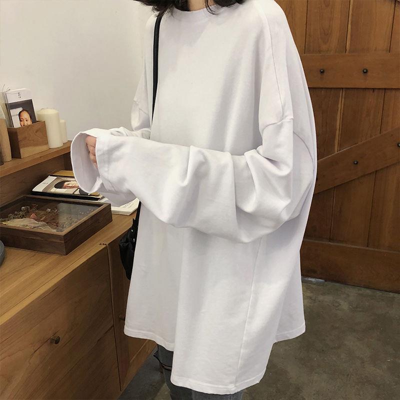 2025长袖T恤女秋冬内搭白色打底衫韩版慵懒风宽松百搭中长款上衣