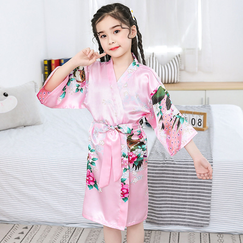 夏季儿童睡衣 中大童仿丝女童睡袍和服 薄款公主家居服浴袍