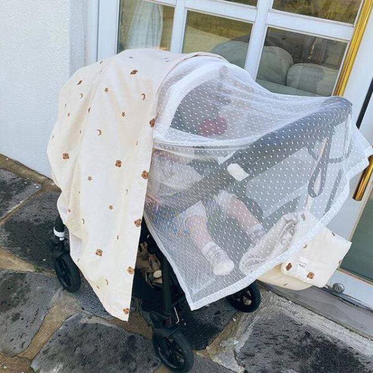 韩风婴儿车蚊帐 小熊刺绣遮阳帘网纱透气蚊帐 全罩式通用推车蚊帘