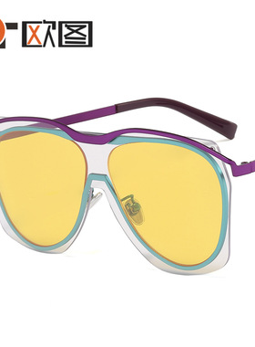 欧美潮酷网红防风个性一体墨镜大框白黄色彩色时尚太阳镜女 58107