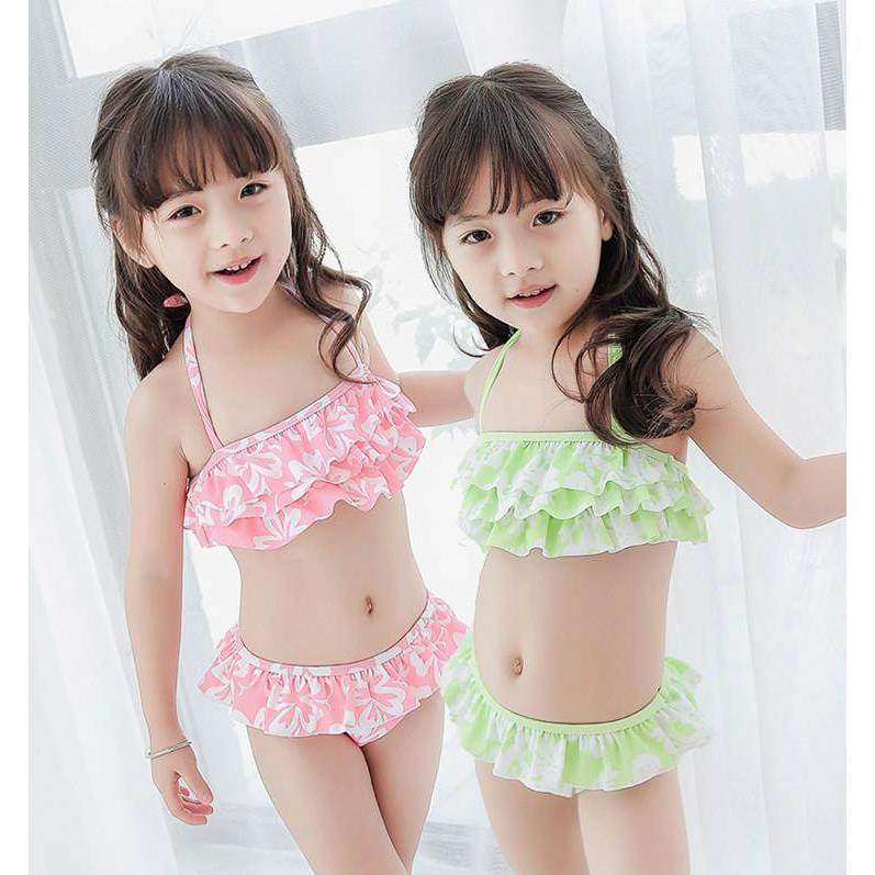 儿童泳衣宝宝中大童婴幼儿可爱女孩绿色花朵蛋糕吊带分体泳装组合