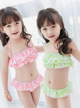 儿童泳衣宝宝中大童婴幼儿可爱女孩绿色花朵蛋糕吊带分体泳装组合