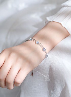 双层月光石手链女银饰品蓝色天然