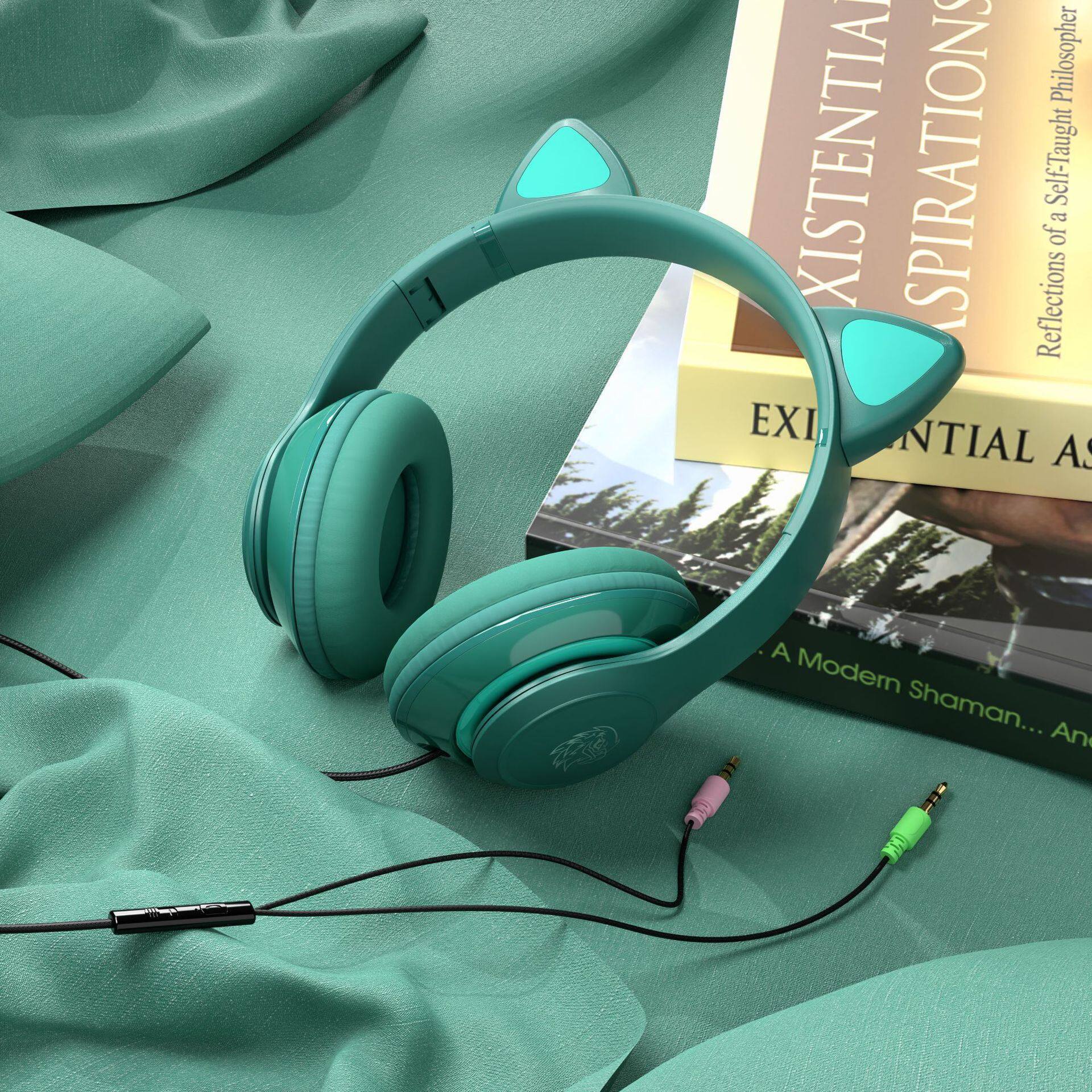 头戴式发光猫耳朵有线游戏耳机 电脑线控耳麦重低音电竟耳机