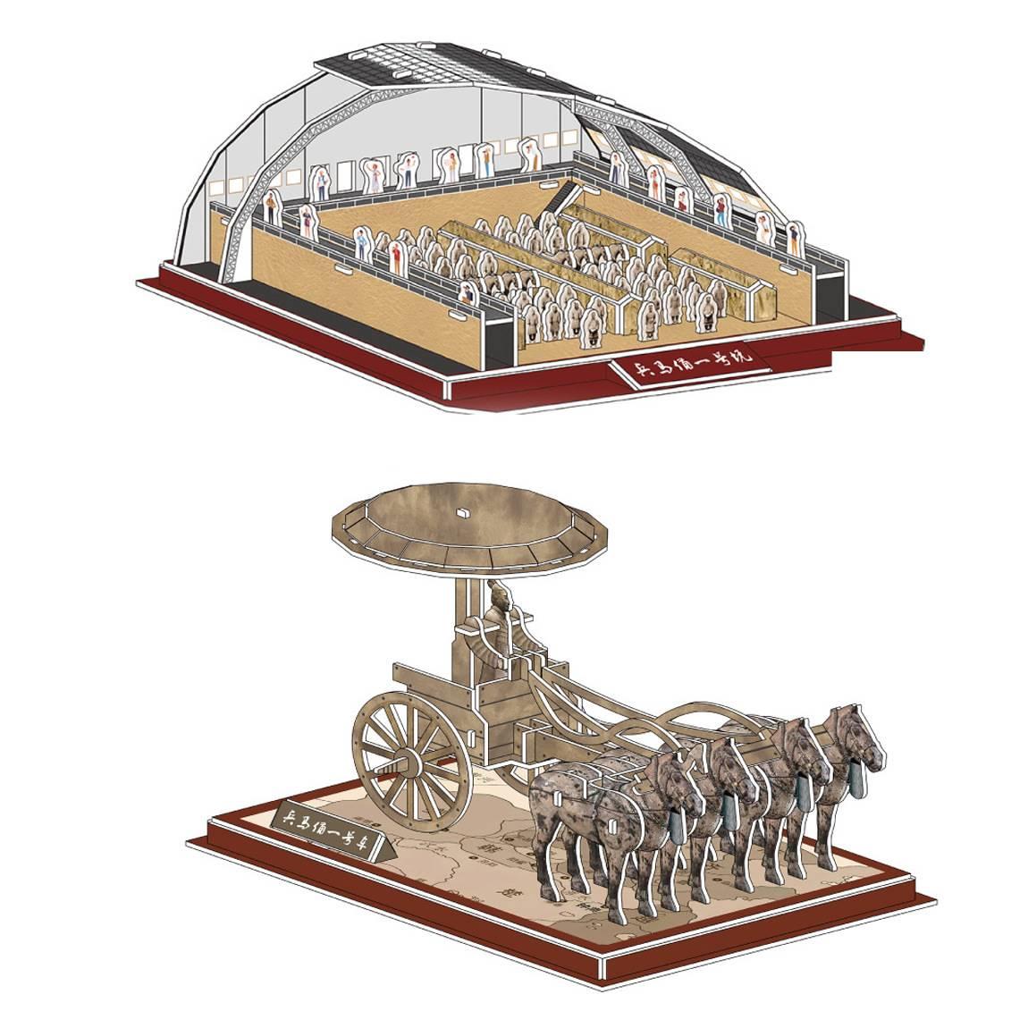 兵马俑3D模型手工纸制白卡立体拼图儿童益智铜车马拼图纸质玩具