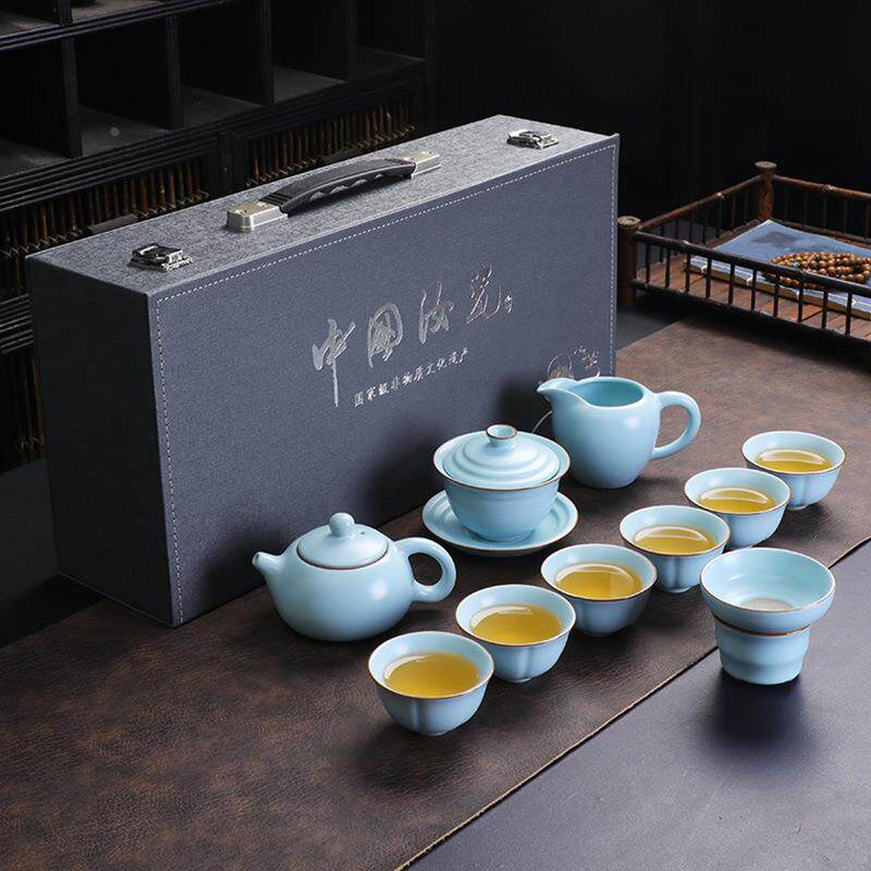 天青汝窑功夫茶具套装家用办公陶瓷茶壶盖碗茶杯可开片整套礼盒批