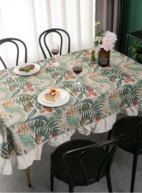 北欧绿色植物美式复古荷叶边桌布长方形竹节棉麻印花餐桌布台布定