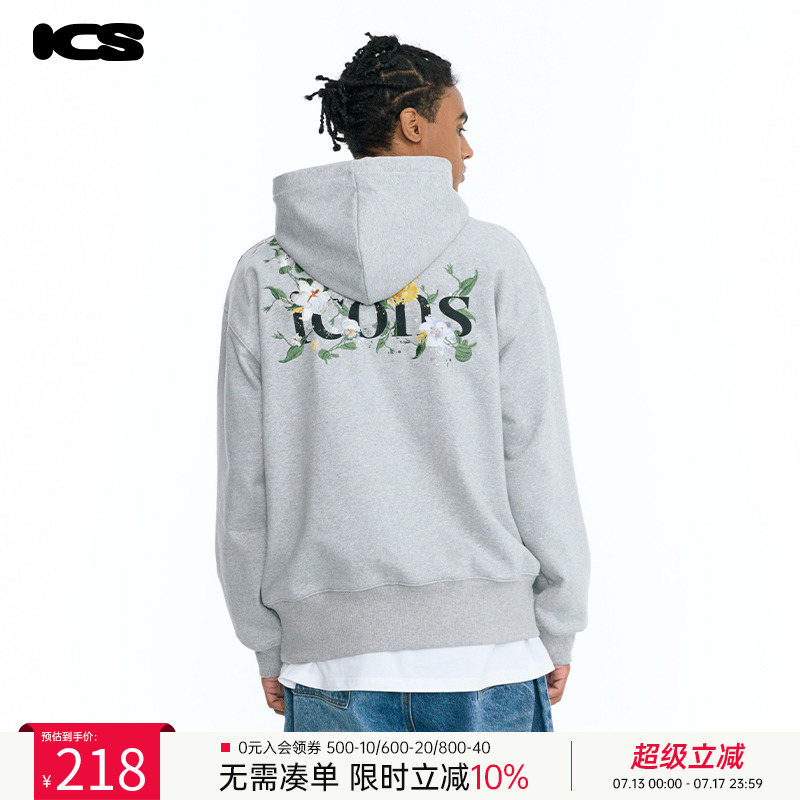 ics丨iconslab藤蔓花卉连帽卫衣2024秋美式街头潮牌宽松情侣上衣