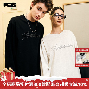T恤男2024年秋休闲百搭上衣情侣款 ics iconslab手写字母烫钻长袖