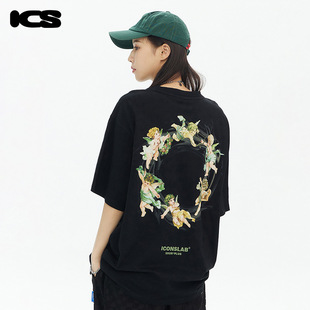 体恤男 ics iconslab烟雾欢庆小天使圈印花美式 潮牌短袖 t恤夏装