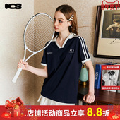 ics 简约休闲T恤女 iconslab撞色刺绣条纹织带运动翻领短袖 Polo衫