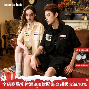 iconslab绣花章工装 美式 大口袋短袖 男款 宽松polo领衬衣 衬衫 ics