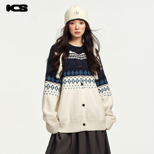 ics丨iconslab费尔岛重工提花开衫毛衣情侣秋冬宽松肌理撞色外套