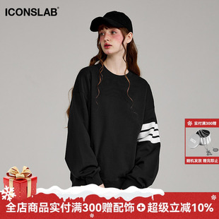 上衣秋 高街情侣基础长袖 ics iconslab条纹分割圆领套头卫衣美式