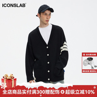 针织衫 毛衣V领宽松上衣外套秋基础情侣款 男 iconslab条纹开衫 ics
