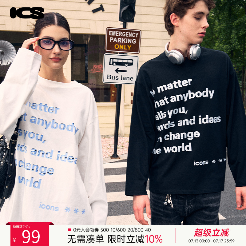 ics丨iconslab马赛克文字T恤2024年秋美式潮牌字母印花时尚情侣te