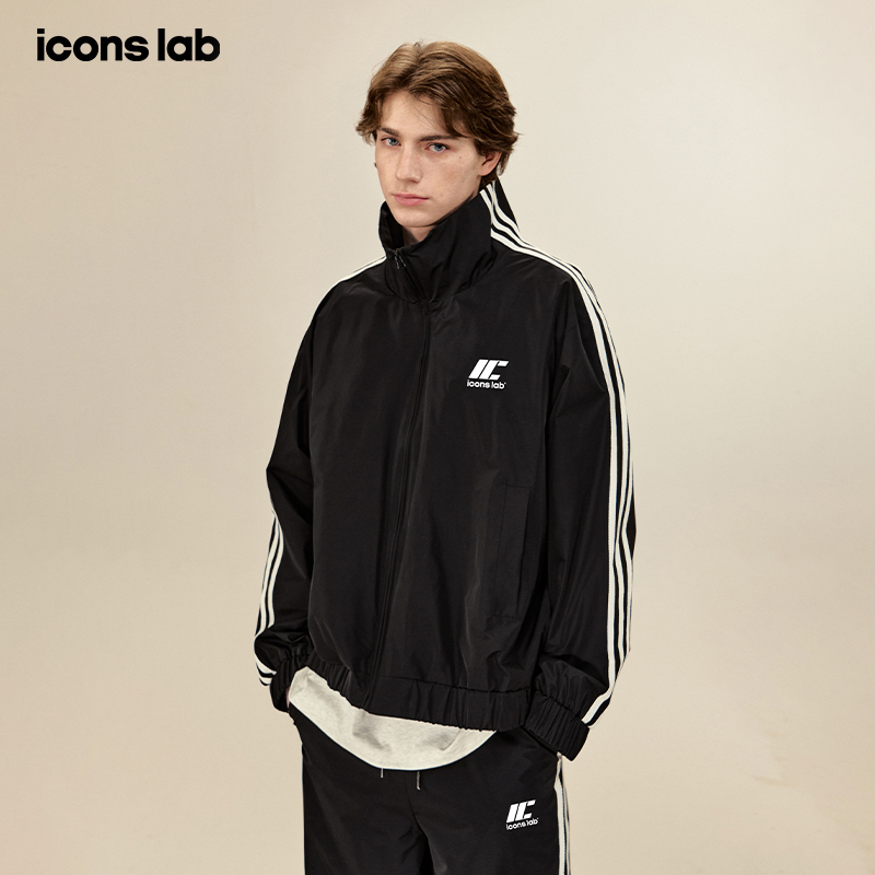 ics丨iconslab胶印logo条纹休闲夹克黑色百搭拉链长袖运动外套潮