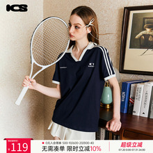 ics丨iconslab撞色刺绣条纹织带运动翻领短袖Polo衫简约休闲T恤女
