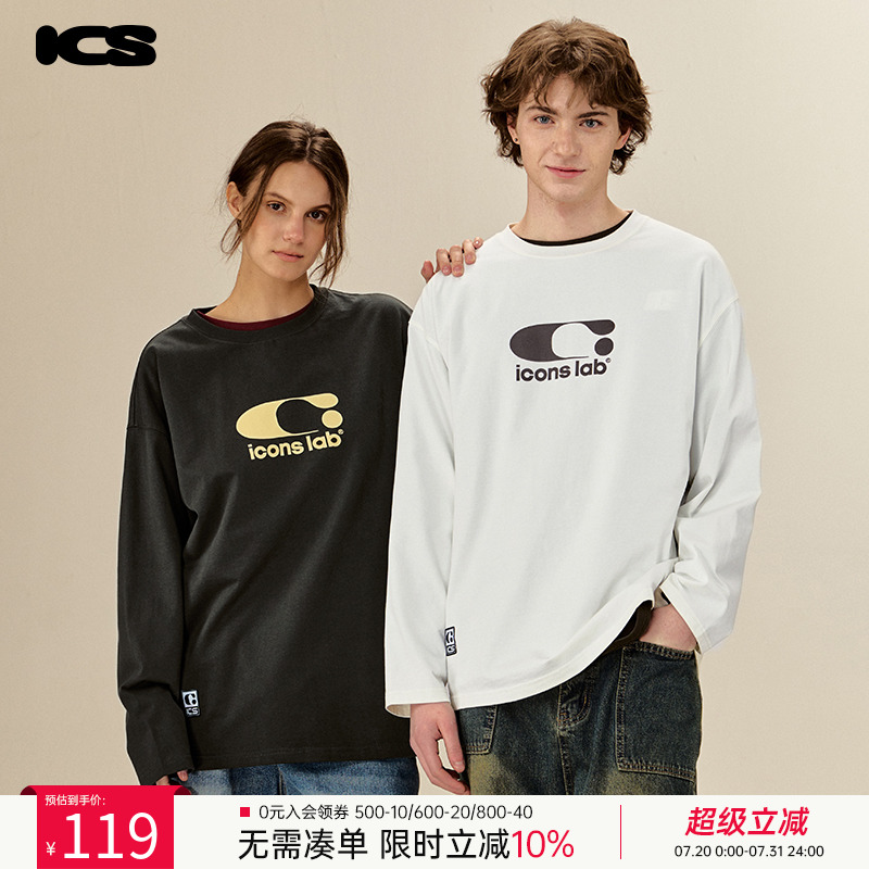 【黄俊捷同款】ics丨iconslab撞色印花长袖圆领T恤美式复古潮牌