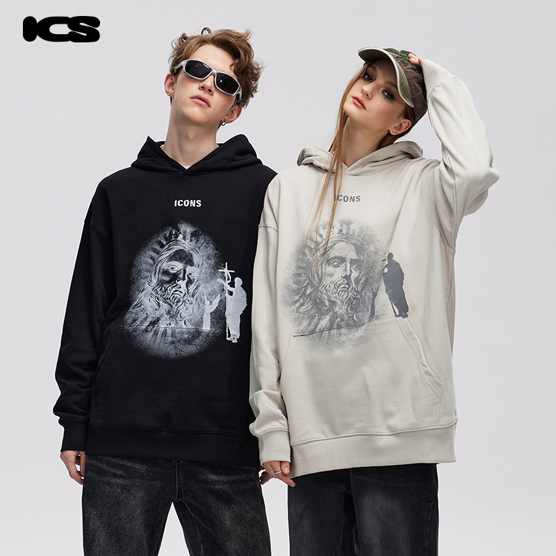 做旧人像印花连帽卫衣