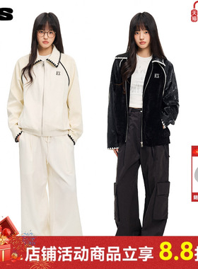 ics丨iconslab贝壳绣丝绒夹克情侣春新款撞色嵌条翻领宽松外套